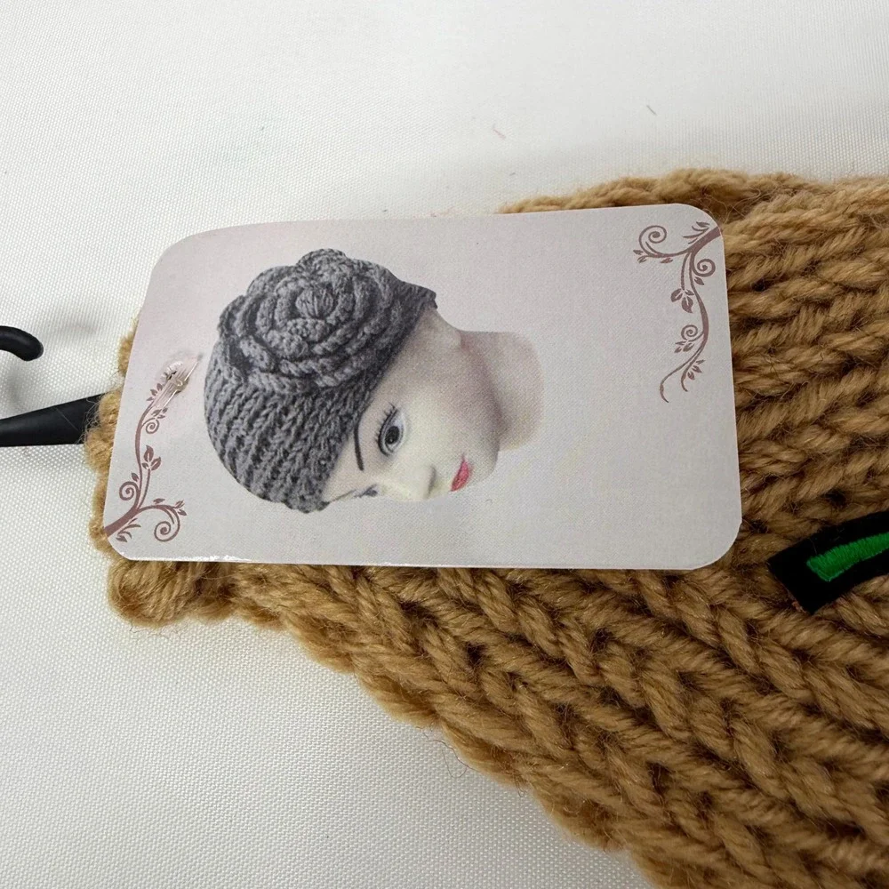 Tan Knit Rose Embroidered Ear Warmer Headband Floral Winter Headwrap WT-510R NEW